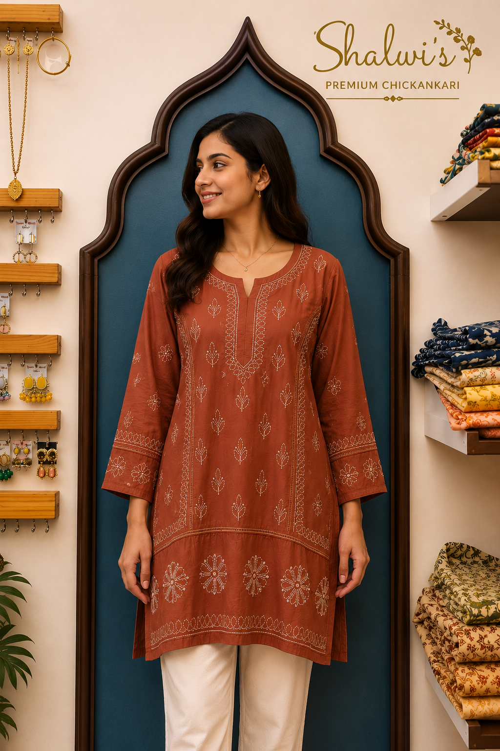 Chanderi Short Kurti with Bakhiya Chikankari