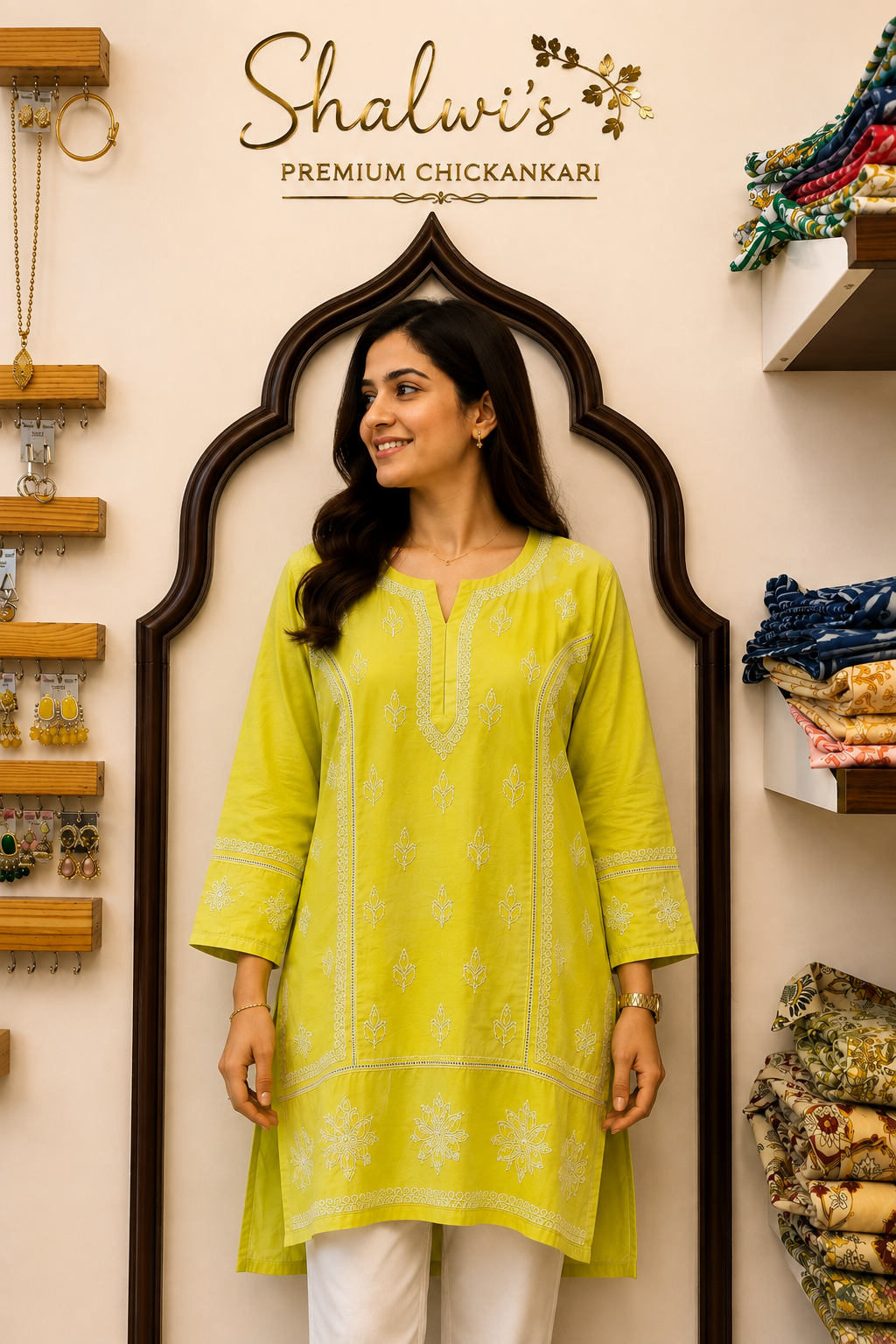 Chanderi Short Kurti with Bakhiya Chikankari