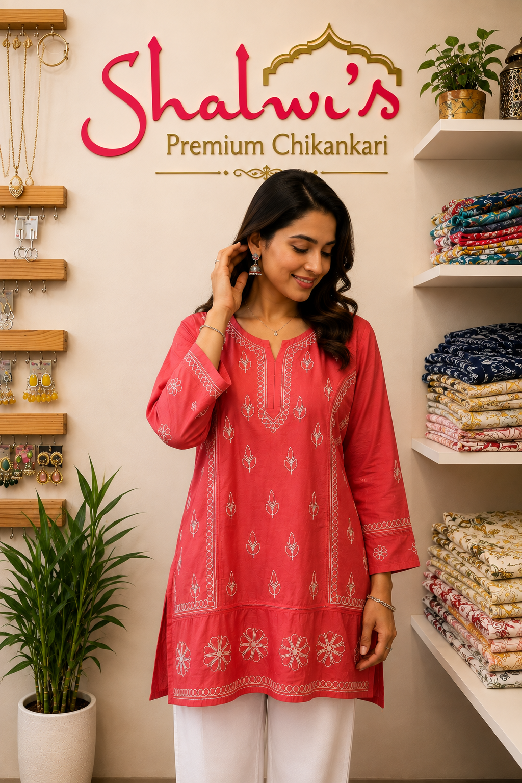 Chanderi Short Kurti with Bakhiya Chikankari
