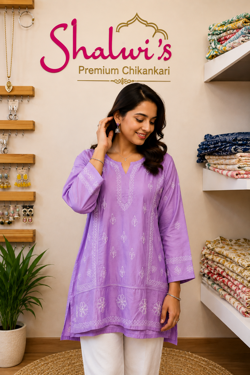 Chanderi Short Kurti with Bakhiya Chikankari