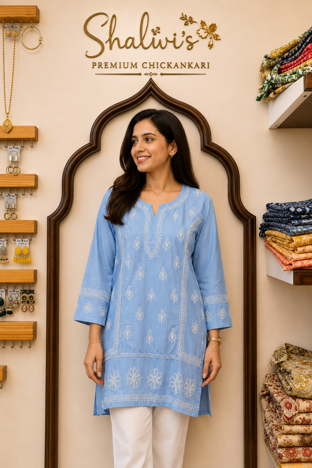 Chanderi Short Kurti with Bakhiya Chikankari