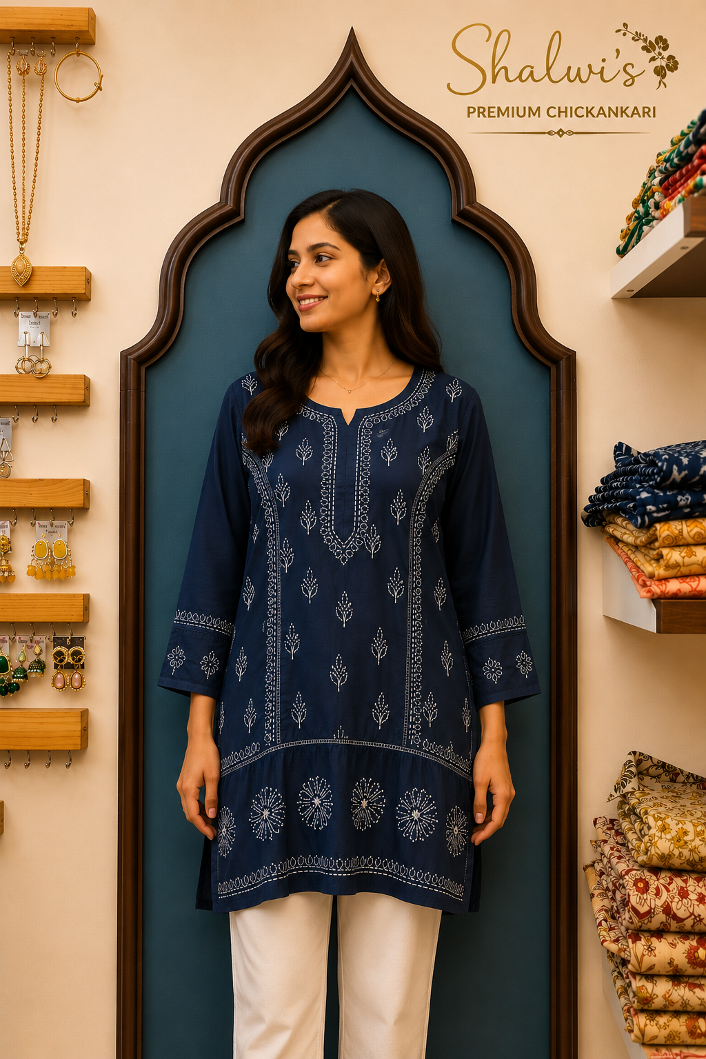 Chanderi Short Kurti with Bakhiya Chikankari