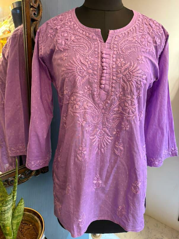 Lavender Dobby Cotton Short Kurti with Chikankari Hand Embroidery