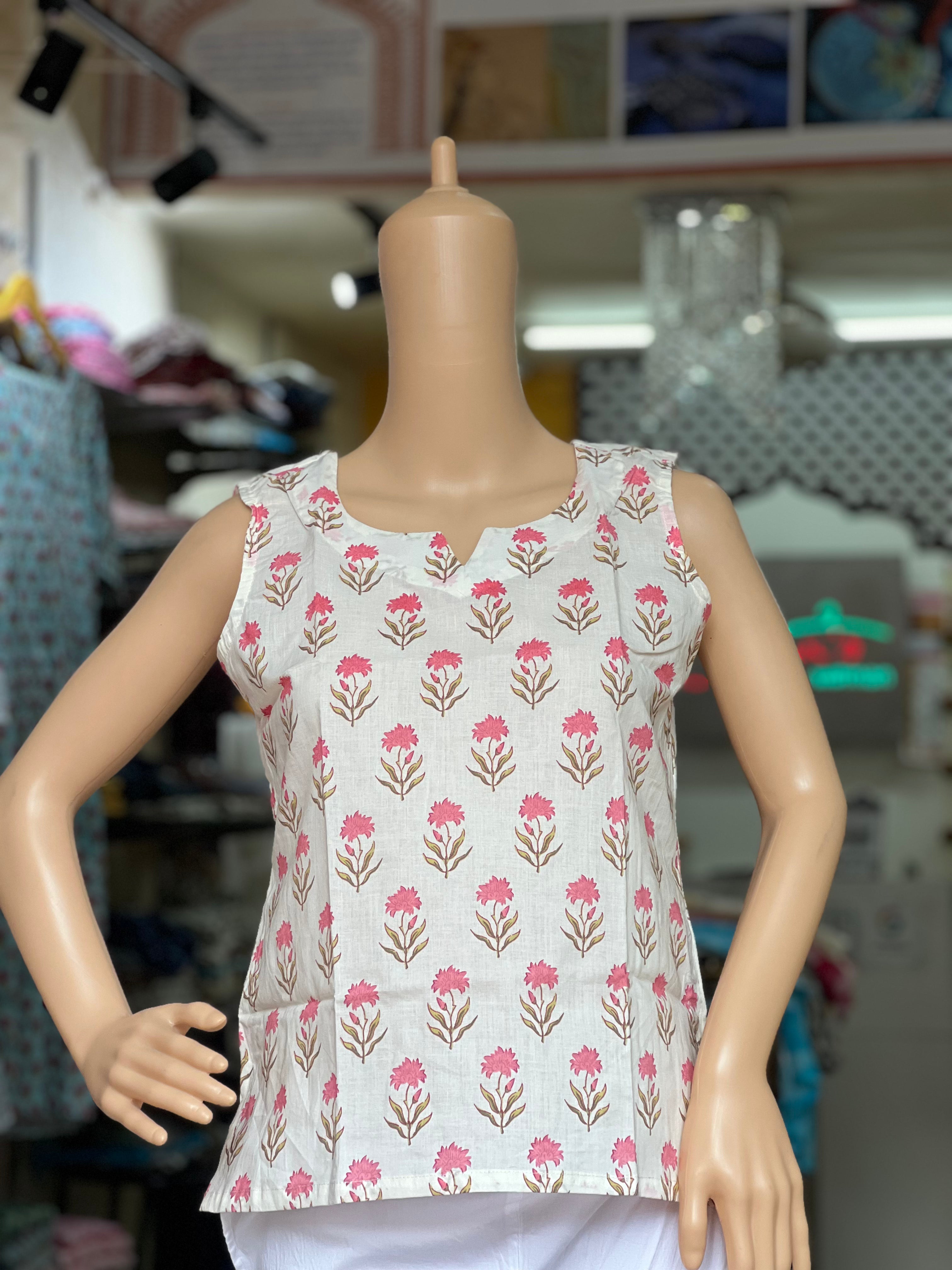 Floral Print Sleeveless Short Kurti
