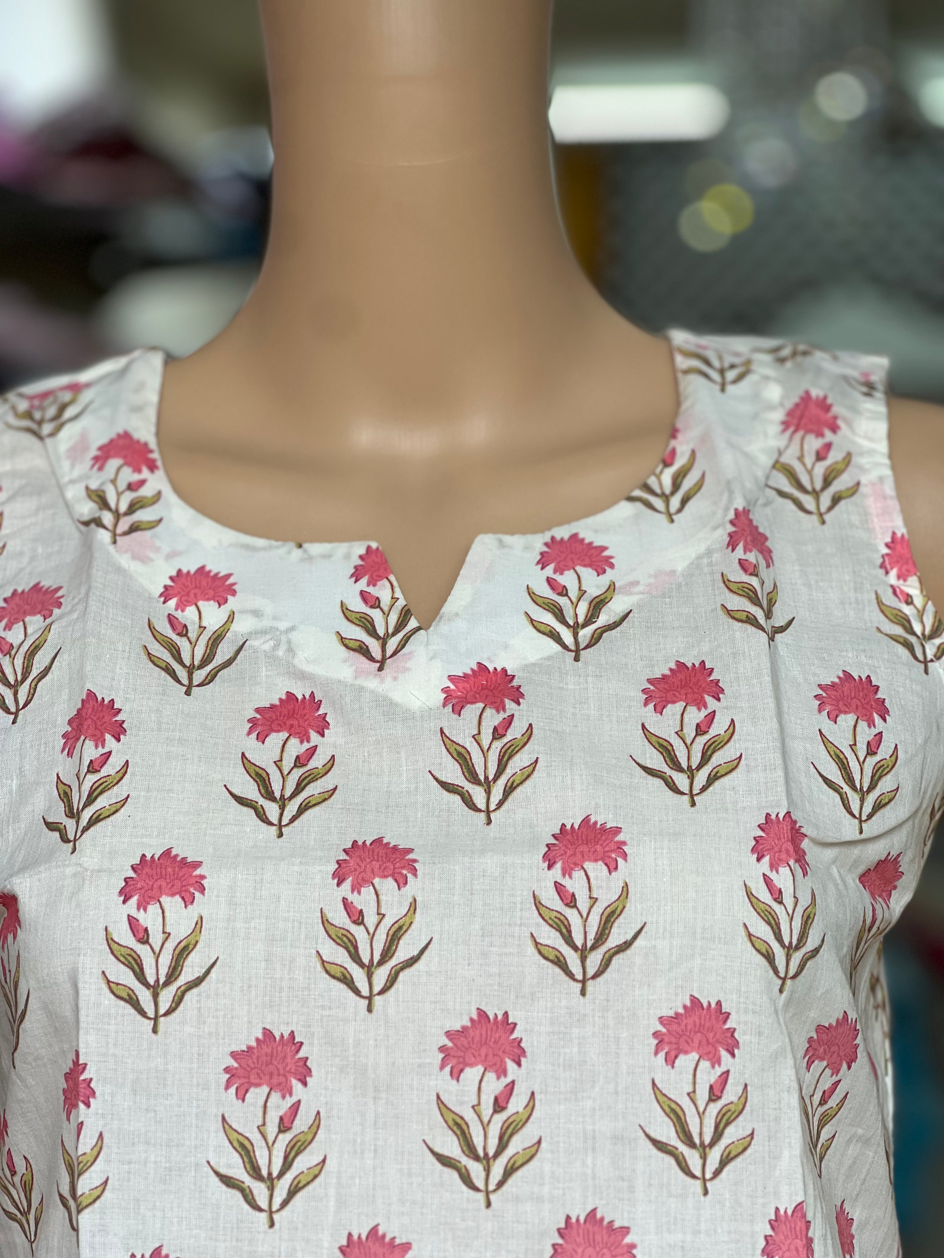 Floral Print Sleeveless Short Kurti