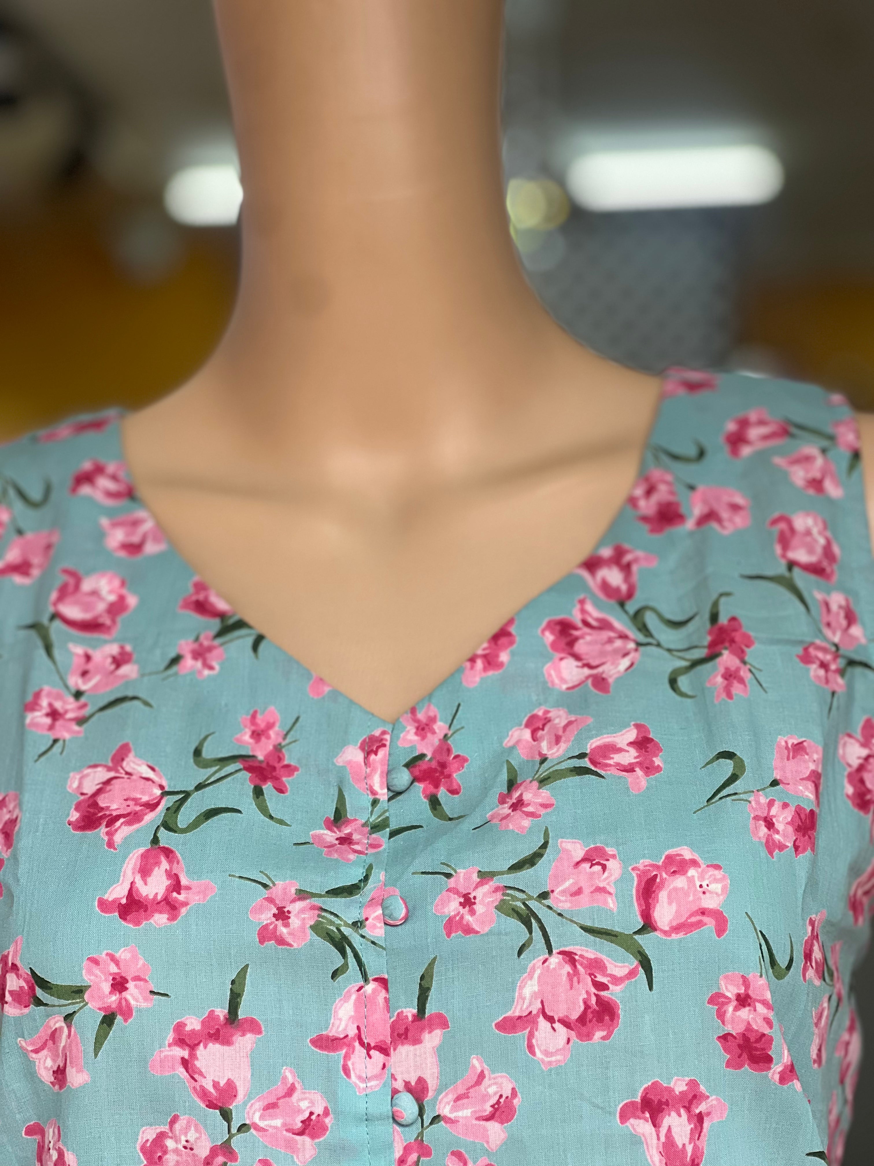 Teal Blue Sleeveless Short Kurti