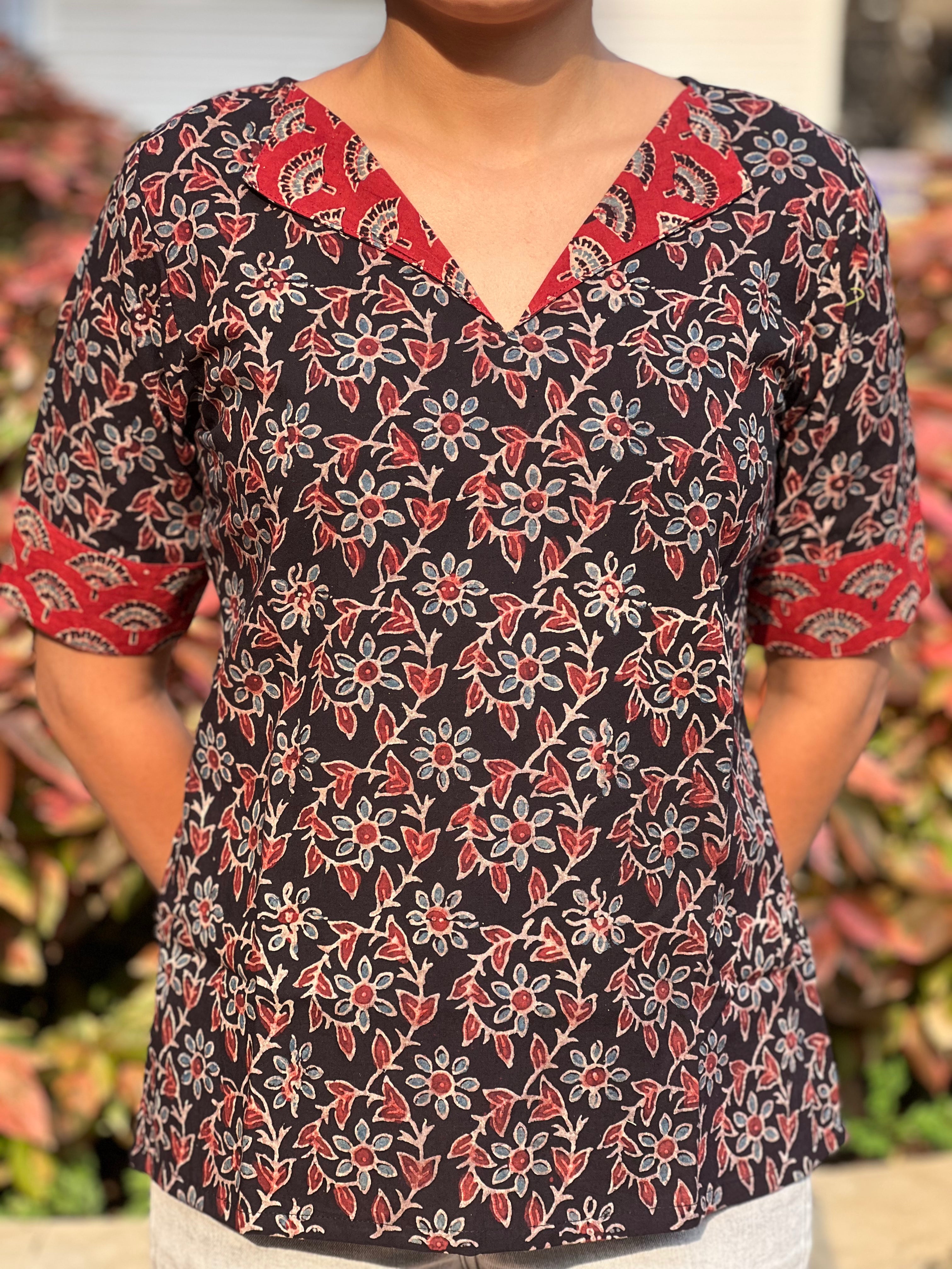 V Neck Ajarakh Cotton Top