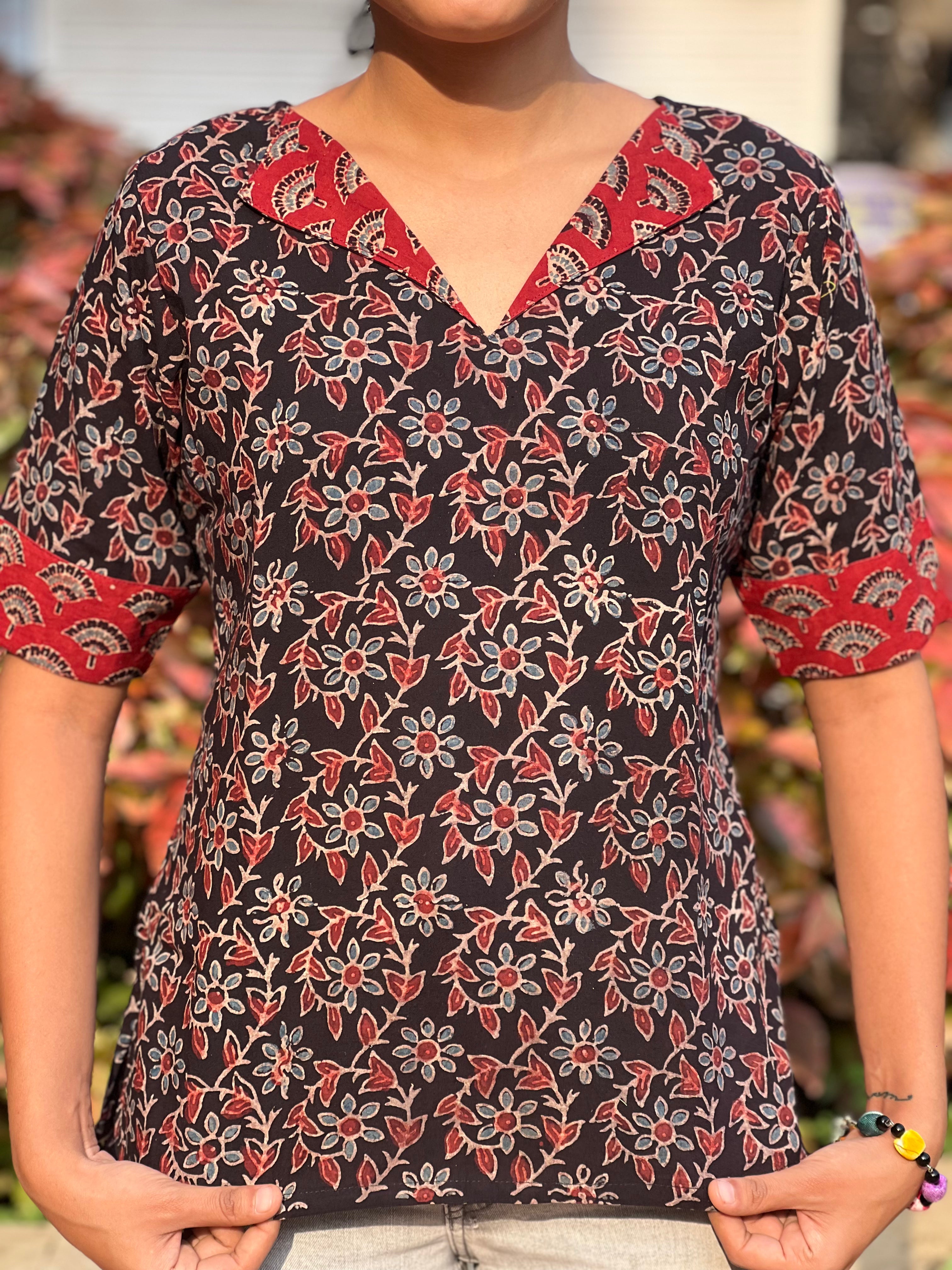 V Neck Ajarakh Cotton Top