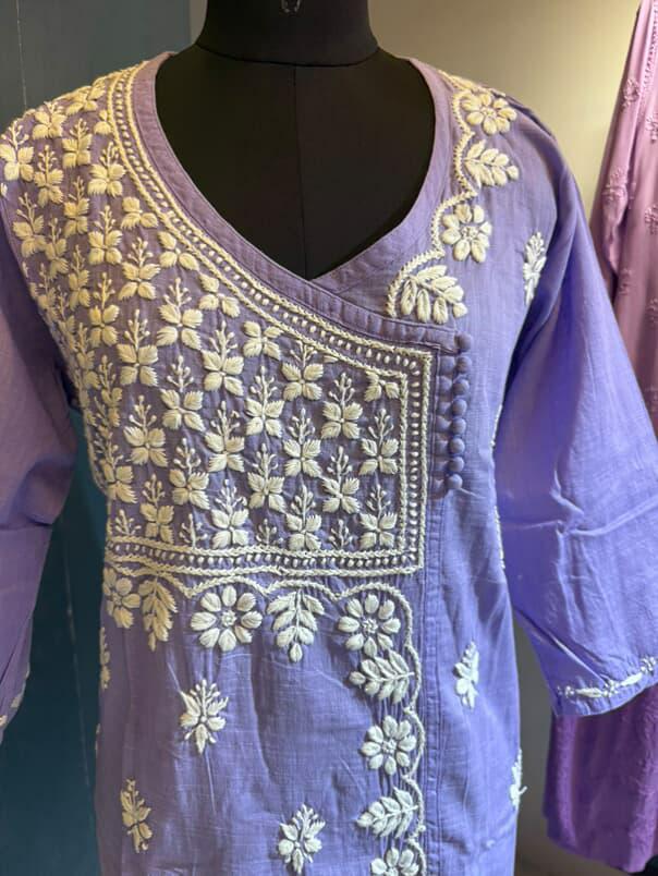 Phoolwari | Lavender Angrakha in Slub Cotton with White 3D Embroidery