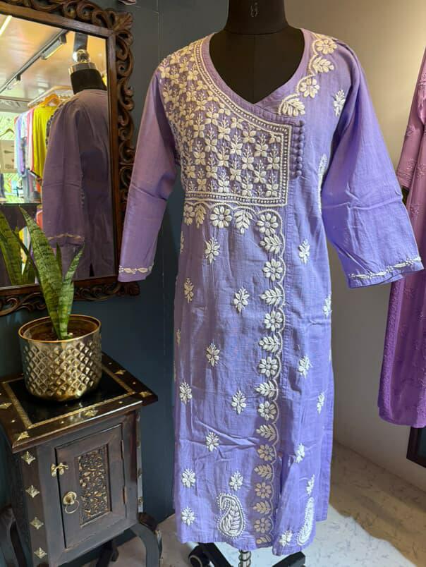 Phoolwari | Lavender Angrakha in Slub Cotton with White 3D Embroidery
