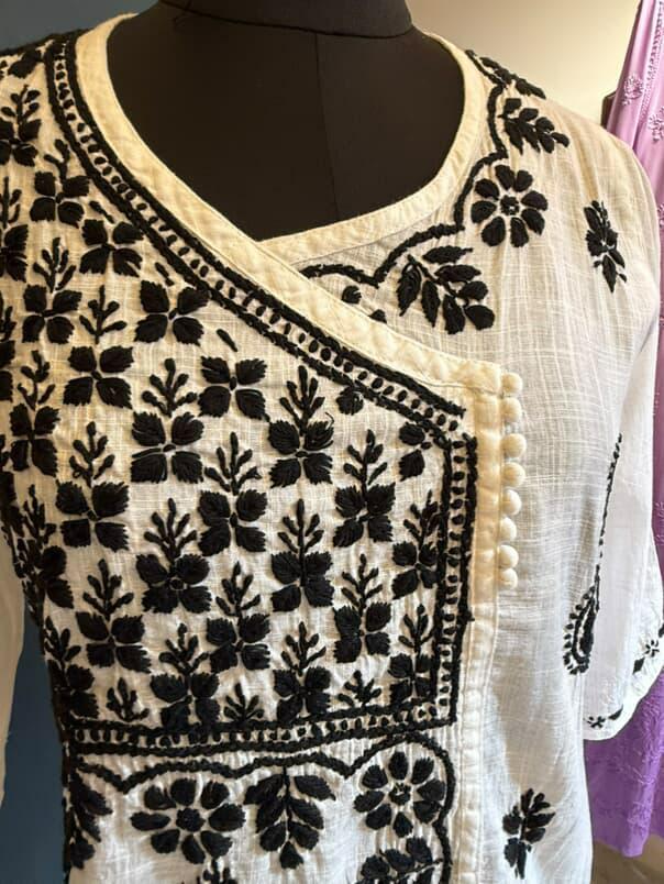 Nazm-E-Noor | White Angrakha with Black 3D Embroidery