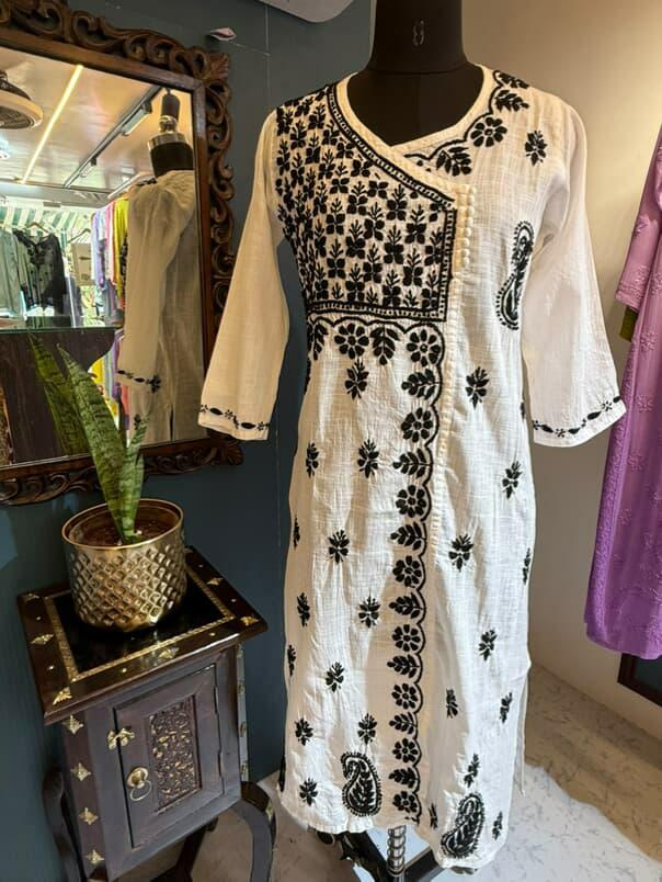 Nazm-E-Noor | White Angrakha with Black 3D Embroidery