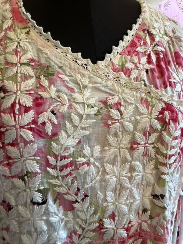 Gulzaar | Pink Mulmul Angrakha with Floral Print & Chikankari Handwork