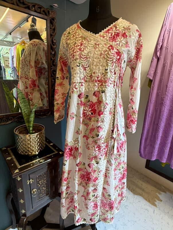 Gulzaar | Pink Mulmul Angrakha with Floral Print & Chikankari Handwork