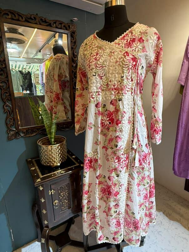 Gulzaar | Pink Mulmul Angrakha with Floral Print & Chikankari Handwork