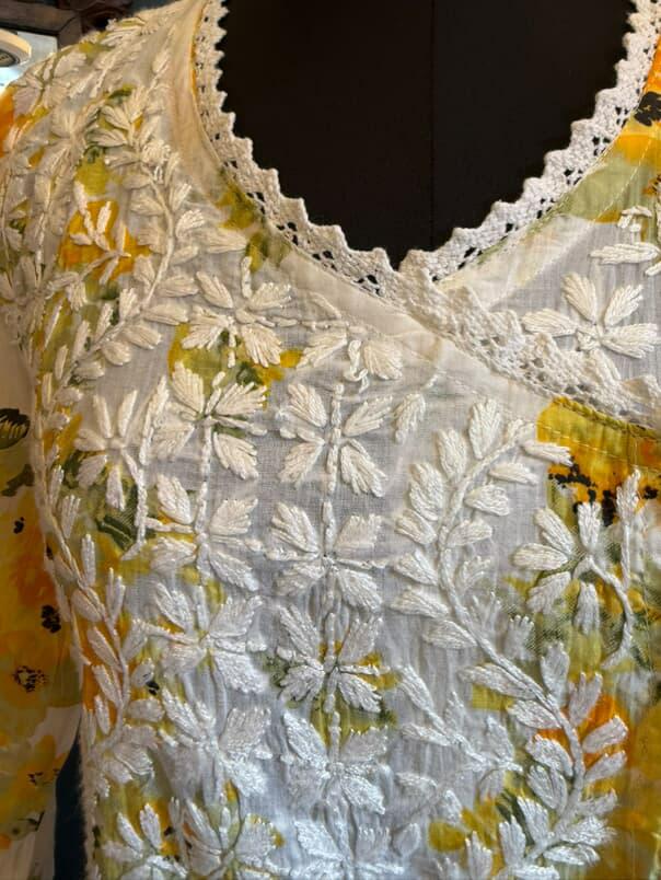 Sunehri | Yellow Mulmul Angrakha with Floral Print & Chikankari Handwork