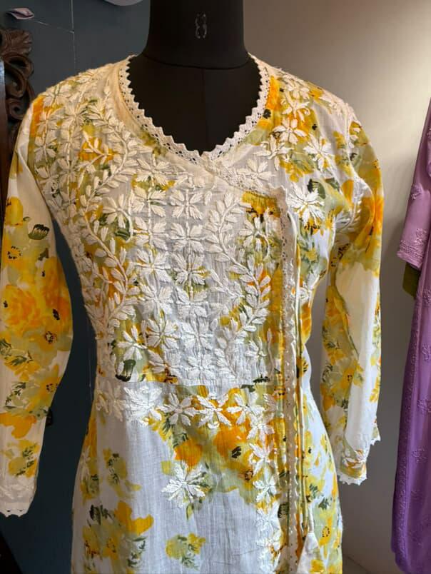 Sunehri | Yellow Mulmul Angrakha with Floral Print & Chikankari Handwork