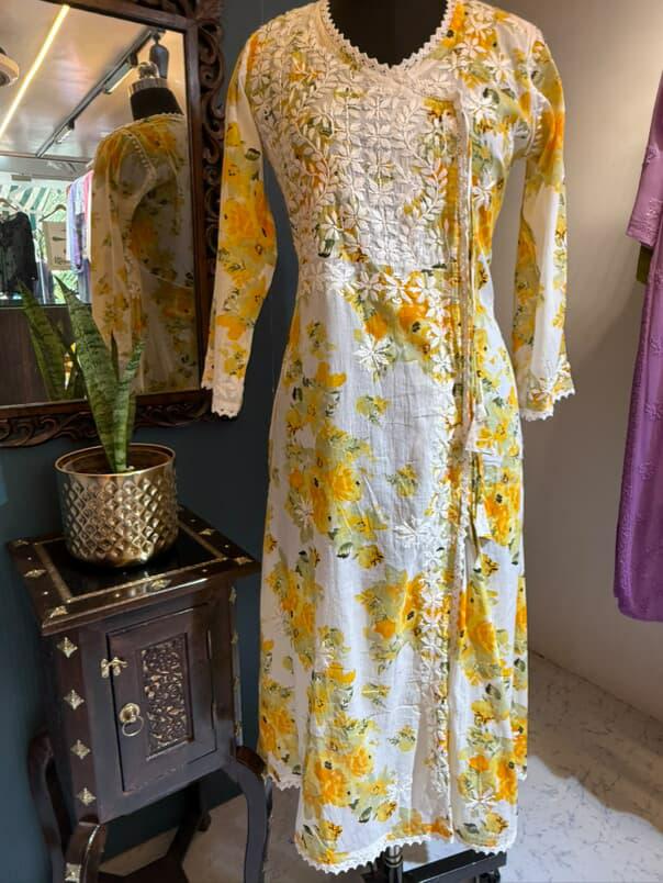 Sunehri | Yellow Mulmul Angrakha with Floral Print & Chikankari Handwork