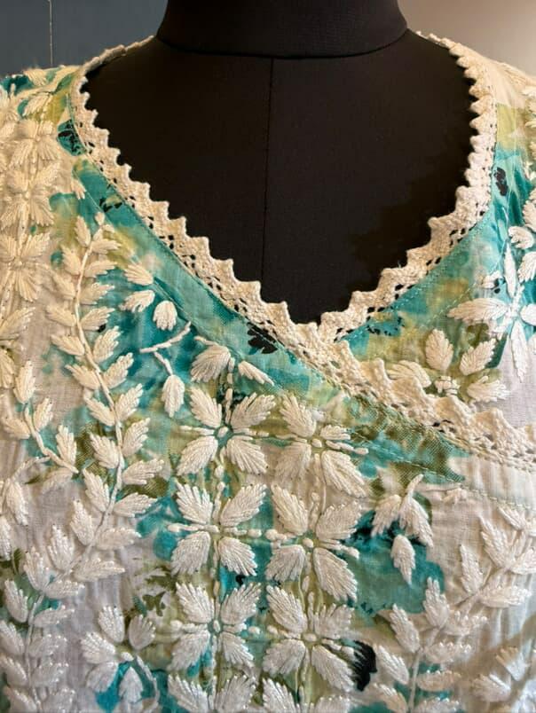 Aabroo | Green-Blue Mulmul Angrakha with Floral Print & Chikankari Handwork