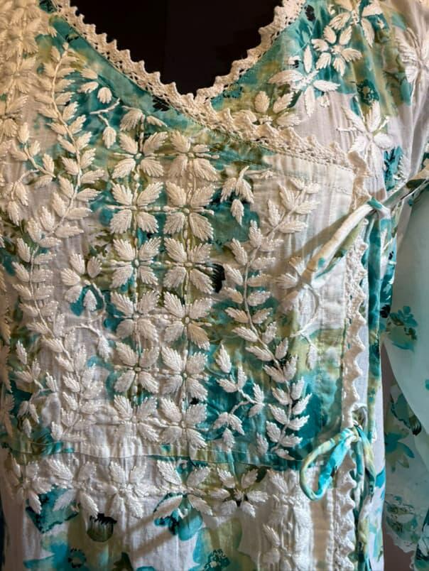 Aabroo | Green-Blue Mulmul Angrakha with Floral Print & Chikankari Handwork