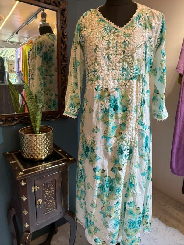 Aabroo | Green-Blue Mulmul Angrakha with Floral Print & Chikankari Handwork