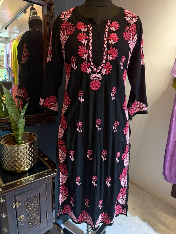 Rang-E-Raat | Black Rayon Kurti with 3D Pink Charm