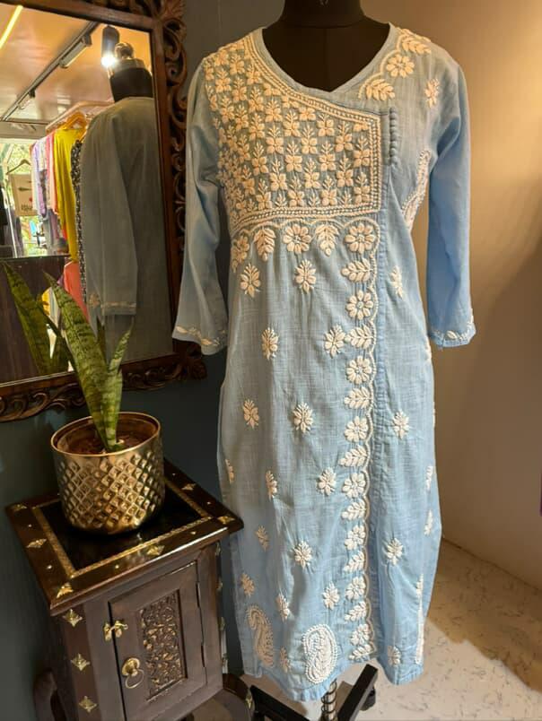 Neelori | Sky Blue Angrakha with White 3D Embroidery