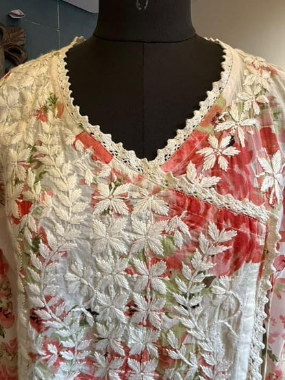 Phoolgul | Peach Mulmul Angrakha with Floral Print & Chikankari Handwork