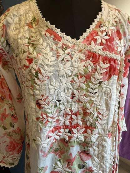 Phoolgul | Peach Mulmul Angrakha with Floral Print & Chikankari Handwork