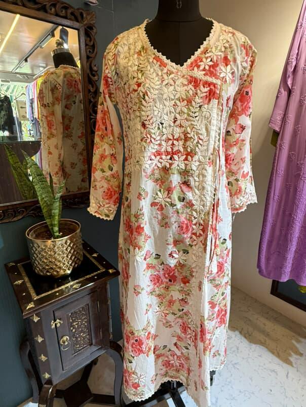Phoolgul | Peach Mulmul Angrakha with Floral Print & Chikankari Handwork