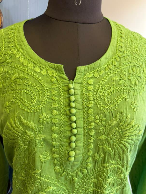 Green Dobby Cotton Short Kurti with Chikankari Hand Embroidery