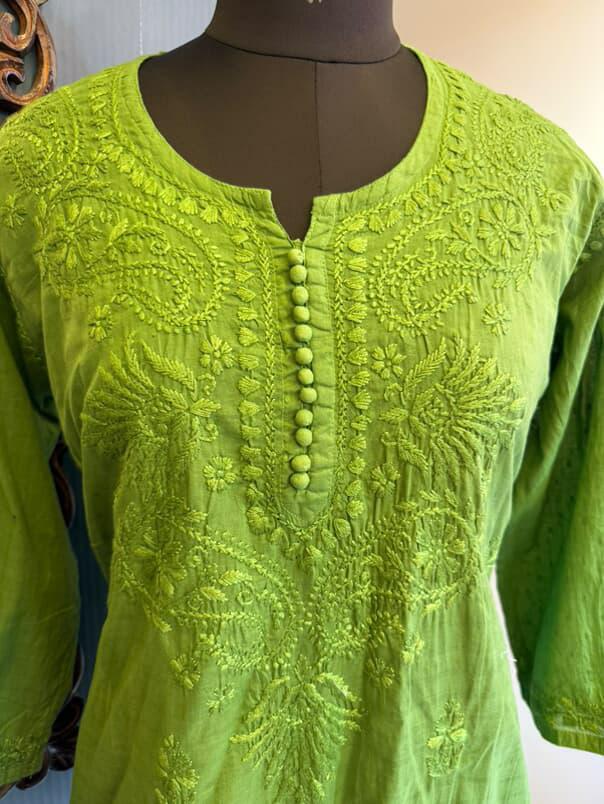 Green Dobby Cotton Short Kurti with Chikankari Hand Embroidery