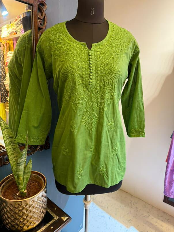 Green Dobby Cotton Short Kurti with Chikankari Hand Embroidery