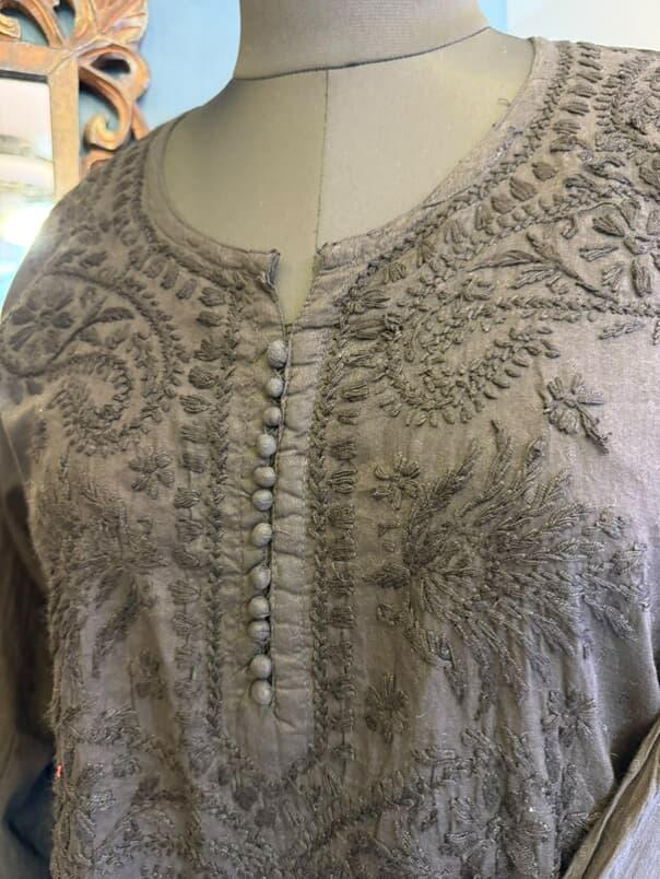 Black Dobby Cotton Short Kurti with Chikankari Hand Embroidery