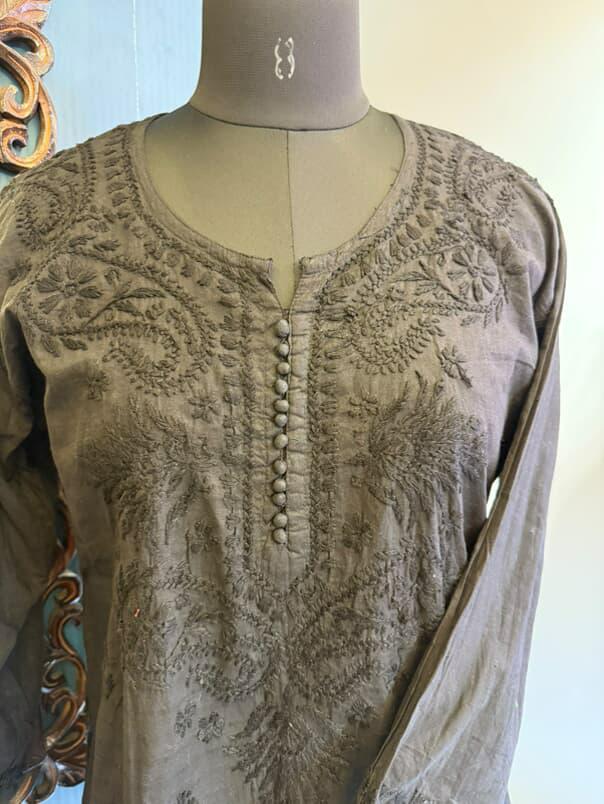 Black Dobby Cotton Short Kurti with Chikankari Hand Embroidery