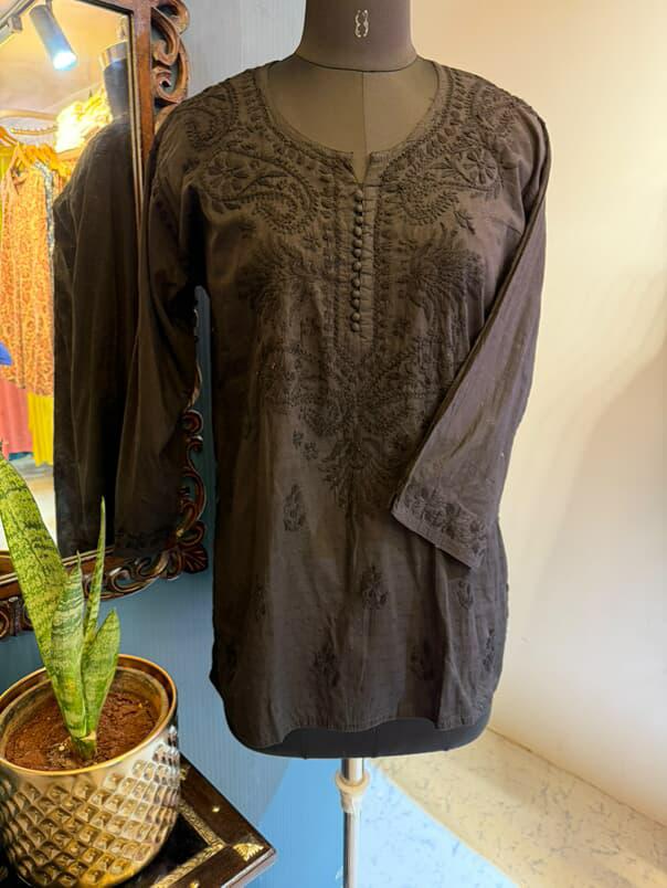 Black Dobby Cotton Short Kurti with Chikankari Hand Embroidery