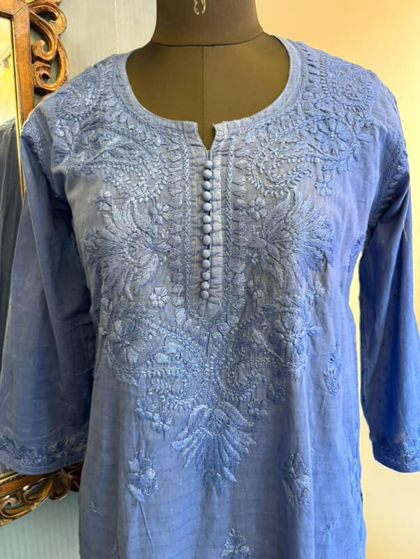 Blue Dobby Cotton Short Kurti with Chikankari Hand Embroidery