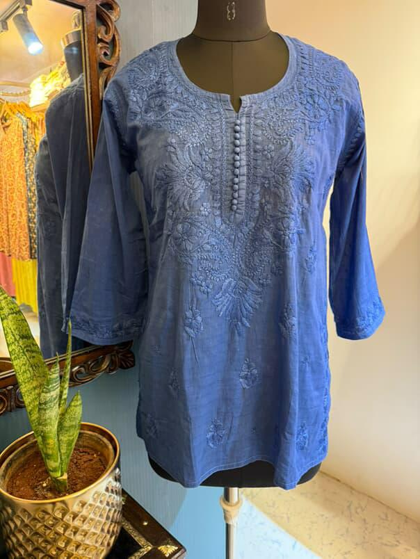 Blue Dobby Cotton Short Kurti with Chikankari Hand Embroidery