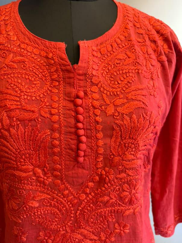 Red Dobby Cotton Short Kurti with Chikankari Hand Embroidery (Copy)