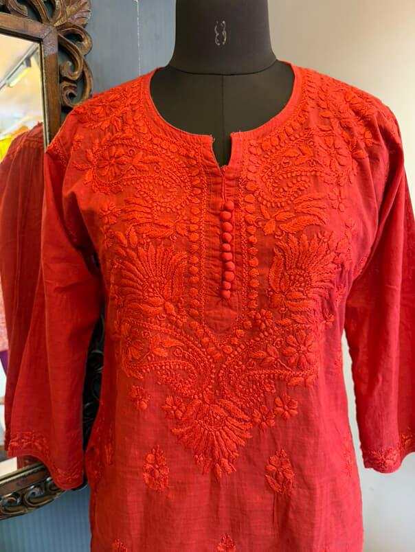 Red Dobby Cotton Short Kurti with Chikankari Hand Embroidery (Copy)