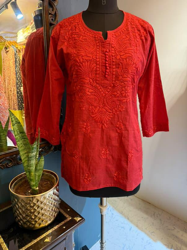 Red Dobby Cotton Short Kurti with Chikankari Hand Embroidery (Copy)