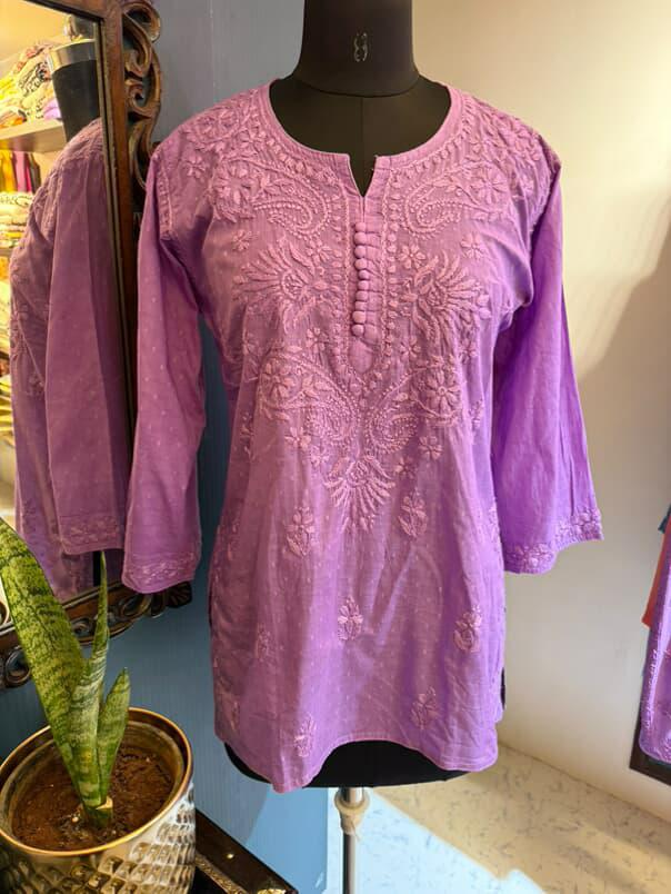 Lavender Dobby Cotton Short Kurti with Chikankari Hand Embroidery