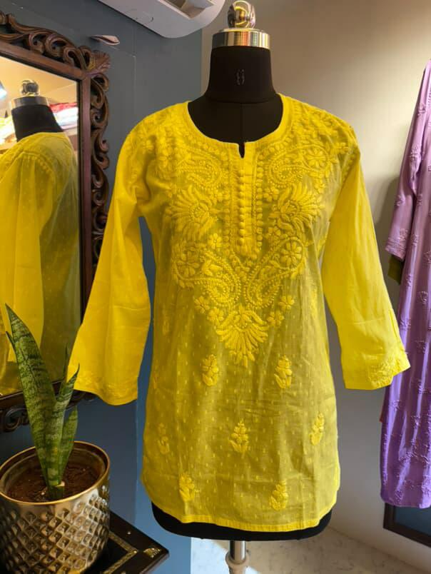 Yellow Dobby Cotton Short Kurti with Chikankari Hand Embroidery
