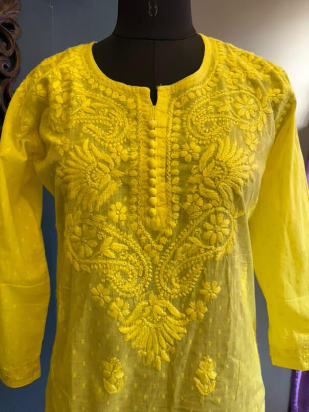 Yellow Dobby Cotton Short Kurti with Chikankari Hand Embroidery