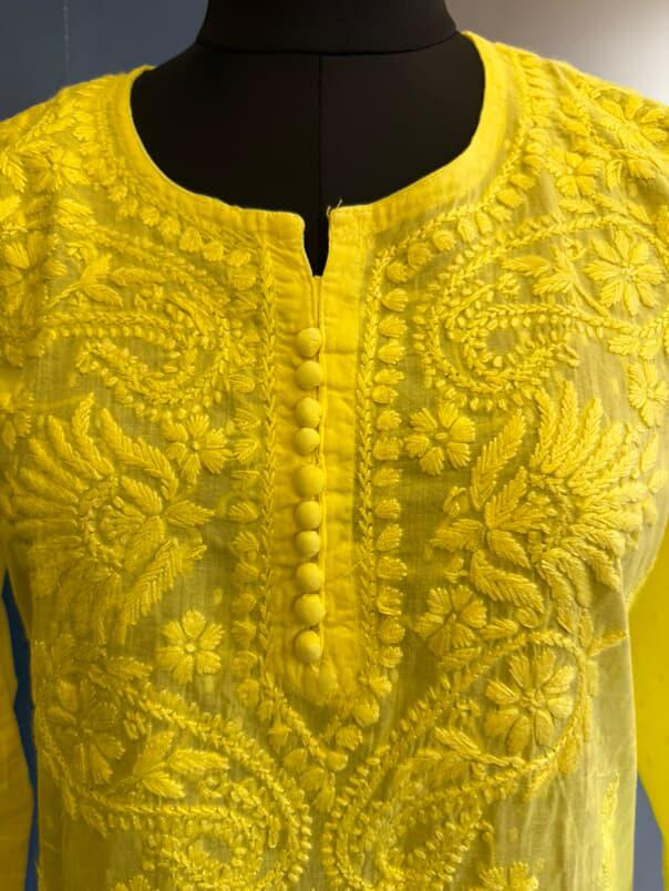 Yellow Dobby Cotton Short Kurti with Chikankari Hand Embroidery