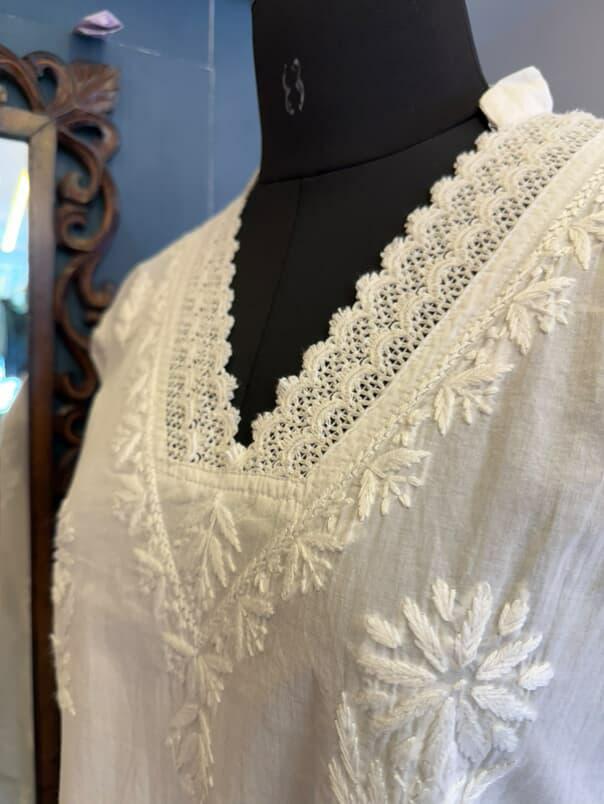 White Cotton V-Neck Kurti with Handcrafted Chikankari