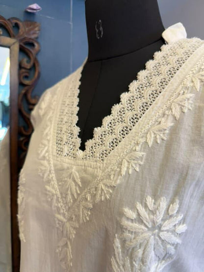 White Cotton V-Neck Kurti with Handcrafted Chikankari