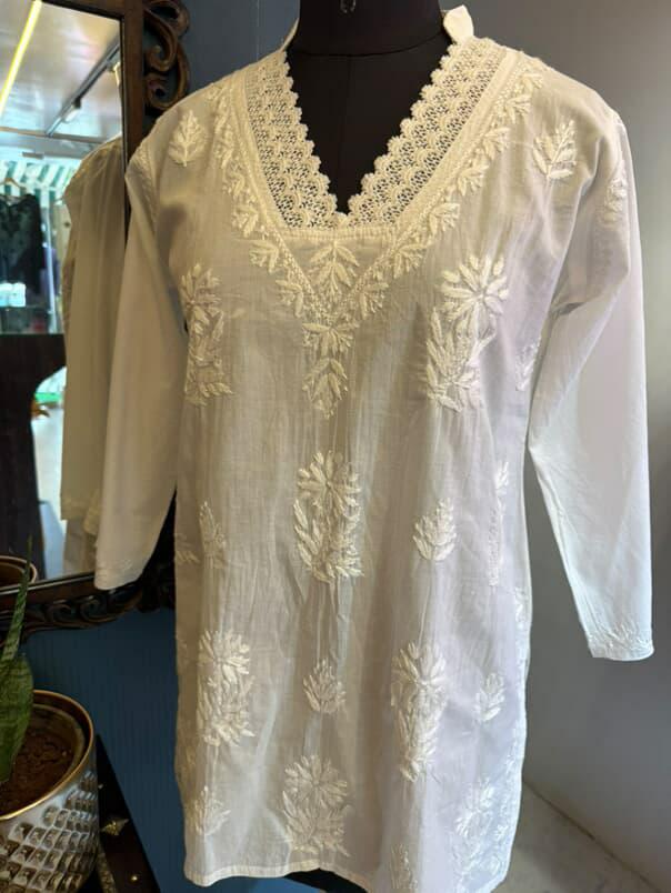 White Cotton V-Neck Kurti with Handcrafted Chikankari