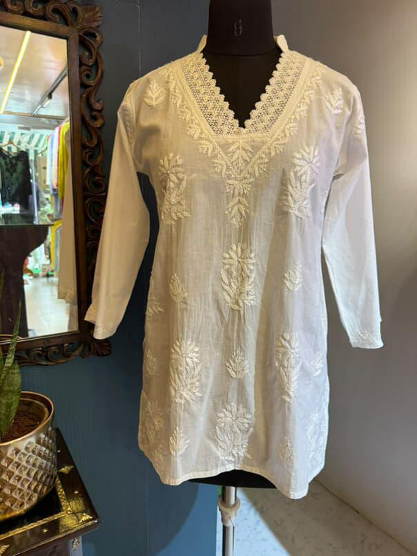 White Cotton V-Neck Kurti with Handcrafted Chikankari