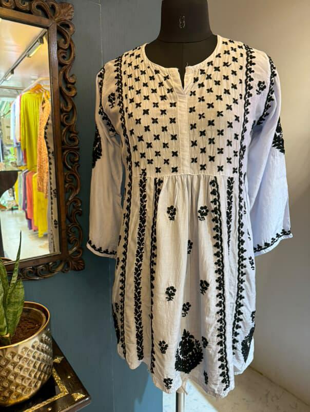 Light Blue Muslin Short Anarkali with Black Chikankari Embroidery